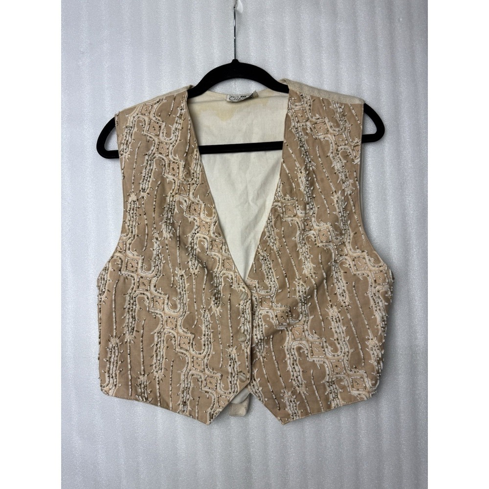 Vintage Boho Beaded Vest Size S (34in) Indonesian Batik Cotton Waistcoat Button